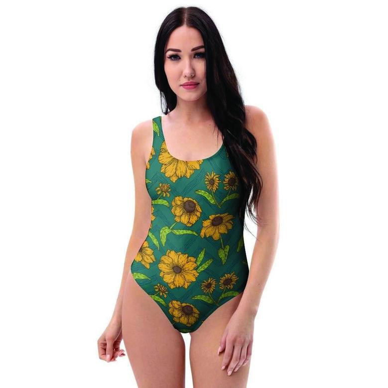 Green Zigzag Sunflower One Piece Swimsuite