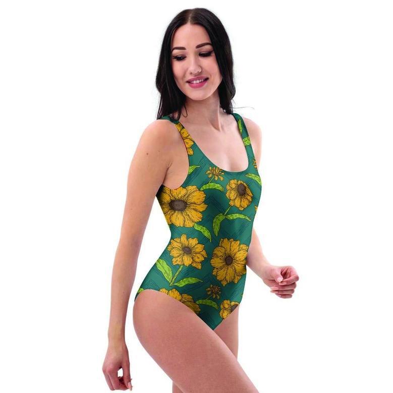 Green Zigzag Sunflower One Piece Swimsuite