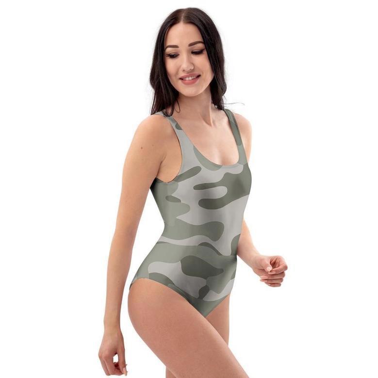 Grey And Green Camouflage Print One Piece Swimsuite