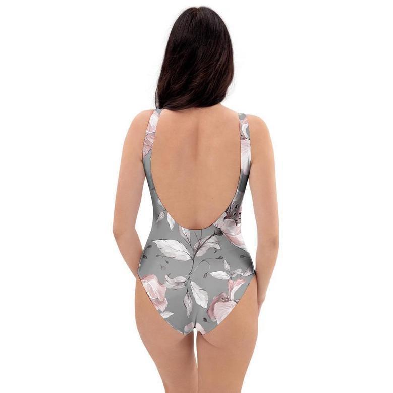 Grey Vintage Floral Print One Piece Swimsuite