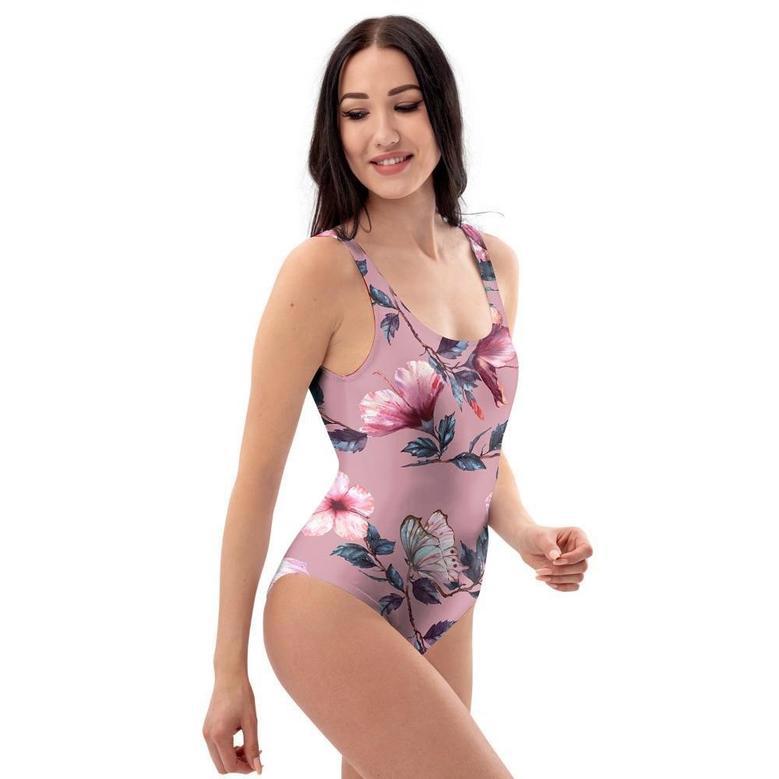 Hand Drawn Hibiscus Print One Piece Swimsuite