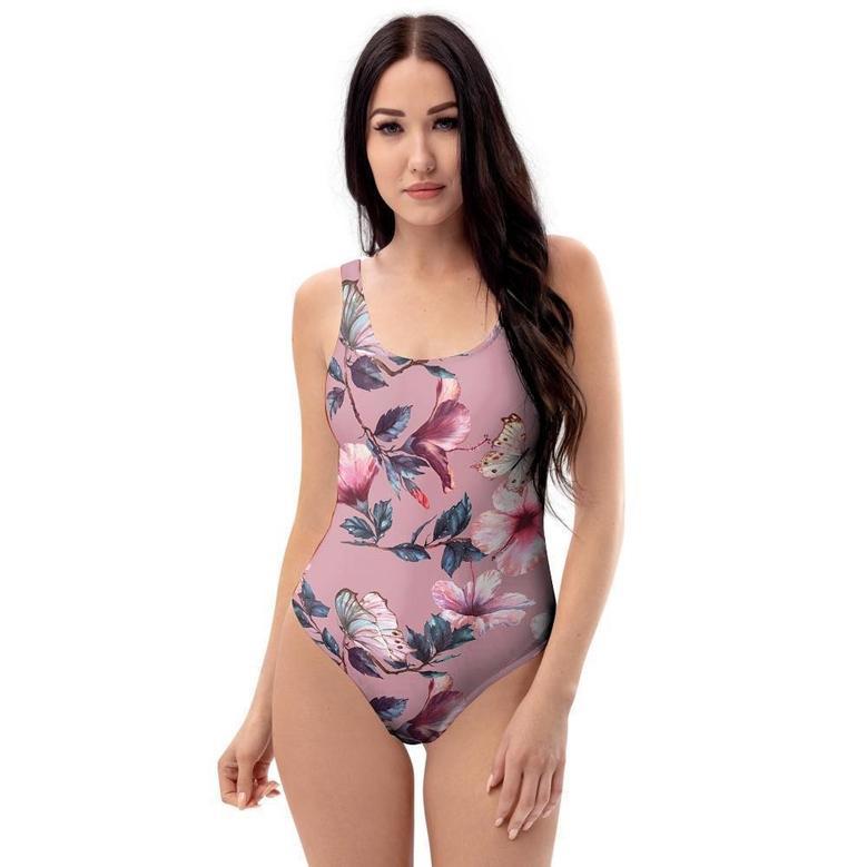 Hand Drawn Hibiscus Print One Piece Swimsuite