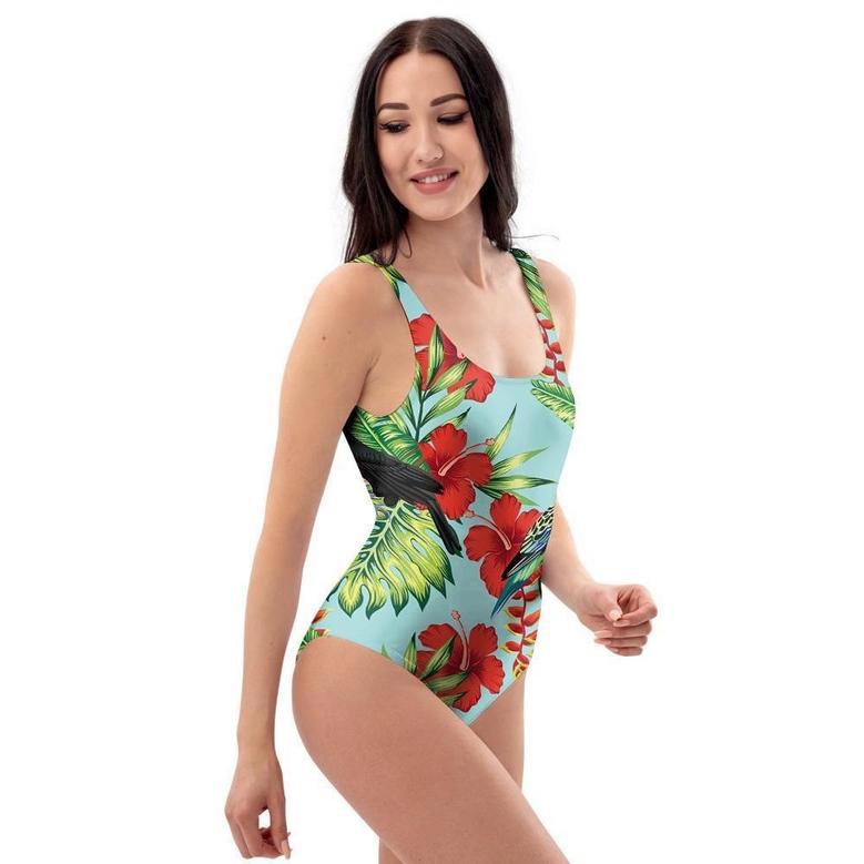 Hawaiian Bird Floral Print One Piece Swimsuite