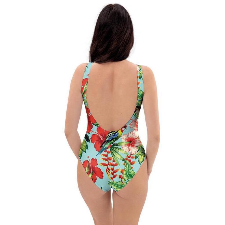 Hawaiian Bird Floral Print One Piece Swimsuite