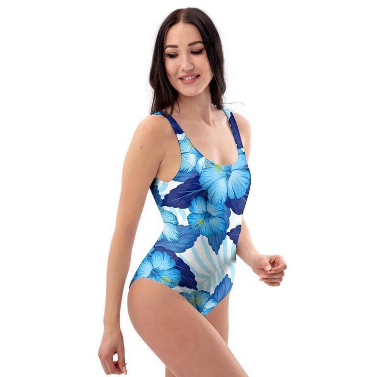 Hibiscus Blue Hawaiian Print One Piece Swimsuite