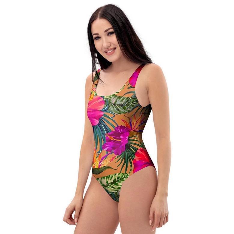 Hibiscus Flower Hawaiian Yellow Print One Piece Swimsuite