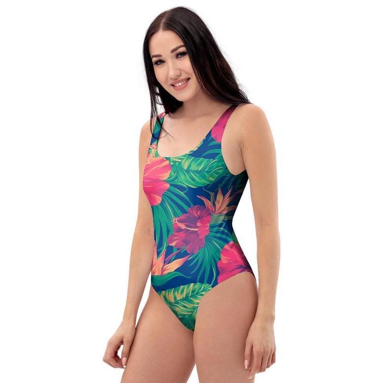 Hibiscus Hawaiian Flower Print One Piece Swimsuite