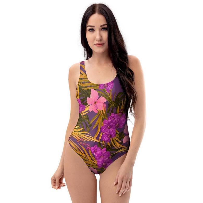 Hibiscus Watercolor Flower Hawaiian Print One Piece Swimsuite