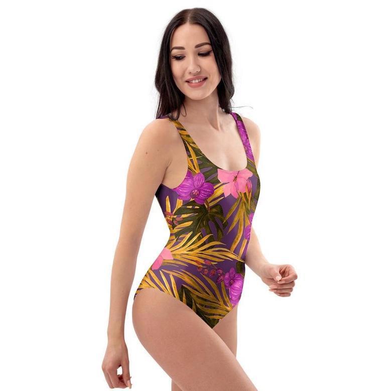 Hibiscus Watercolor Flower Hawaiian Print One Piece Swimsuite