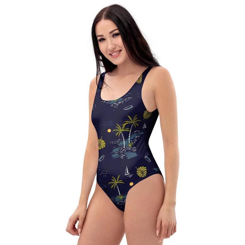 Island Palm Tree Hawaiian Print One Piece Swimsuite