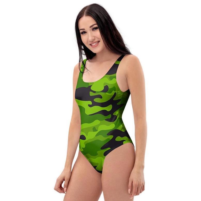 Lime Green Camo Print One Piece Swimsuite