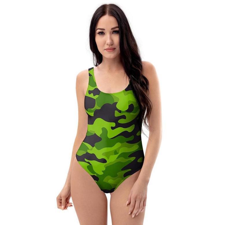 Lime Green Camo Print One Piece Swimsuite