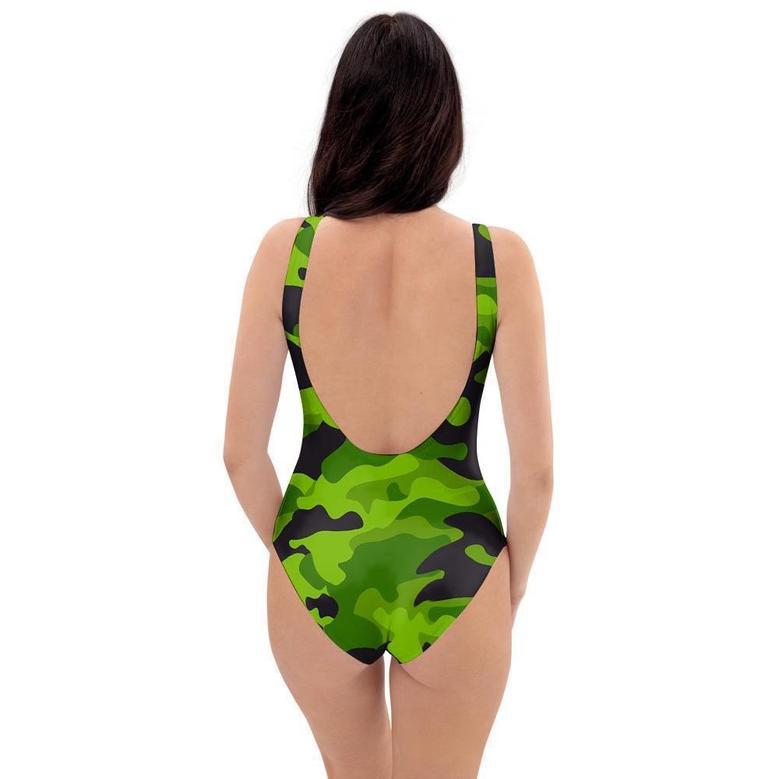 Lime Green Camo Print One Piece Swimsuite