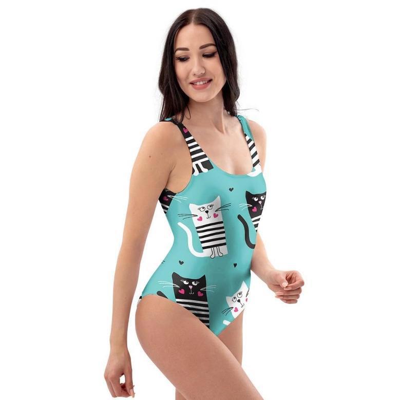 Love Turquoise Cat Print One Piece Swimsuite