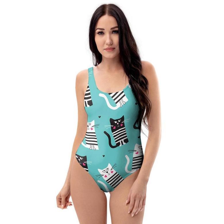 Love Turquoise Cat Print One Piece Swimsuite