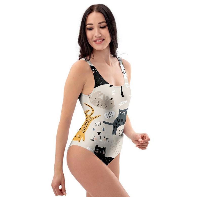 Meow Cat Print One Piece Swimsuite