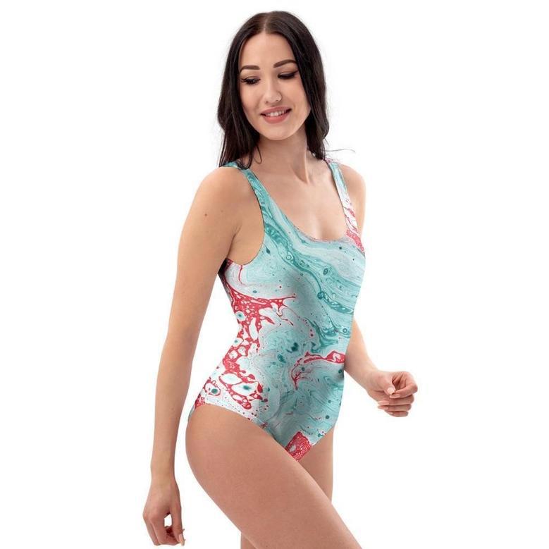 Mixed Red And Turquoise Marble One Piece Swimsuite