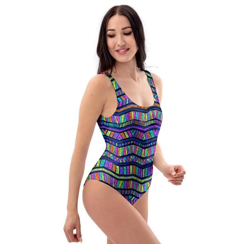 Multicolor Indian Aztec Doodle Elements Abstract One Piece Swimsuite