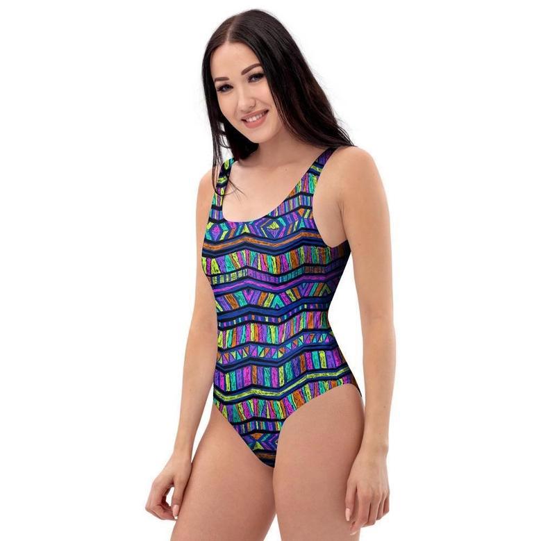 Multicolor Indian Aztec Doodle Elements Abstract One Piece Swimsuite