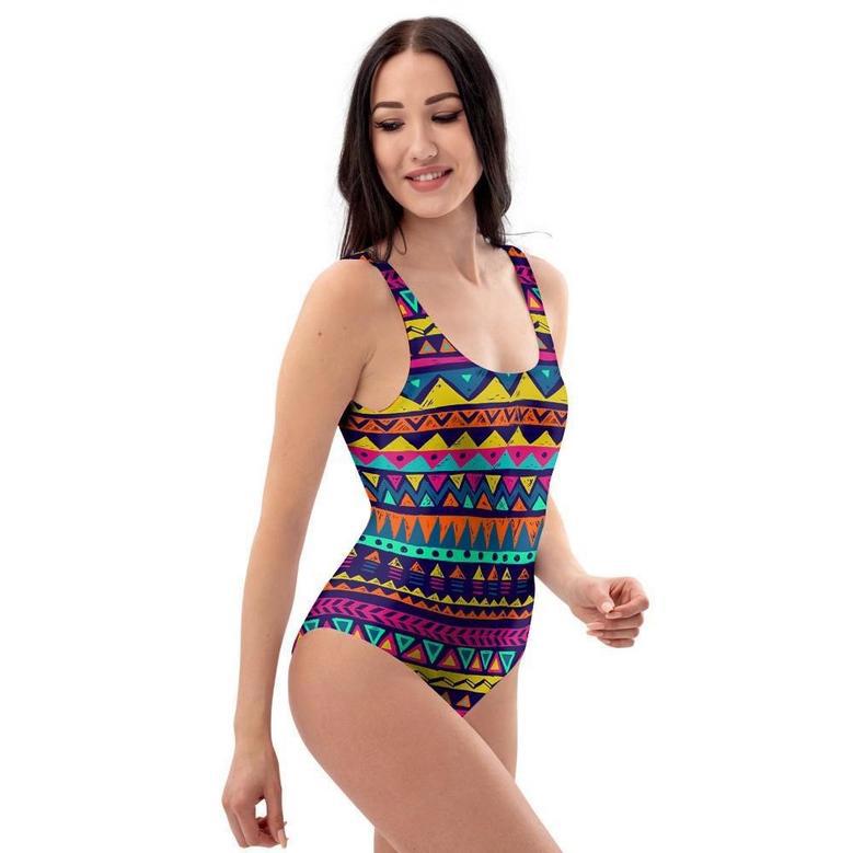 Multicolor Native Aztec Abstract Geometric One Piece Swimsuite