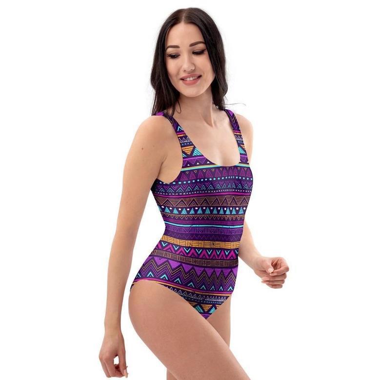 Multicolor Native Aztec Doodle Striped One Piece Swimsuite