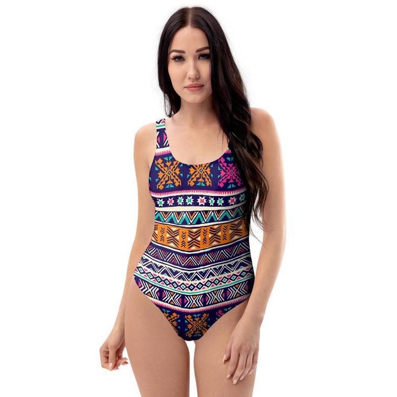 Multicolor Native Aztec Geometric Hipster One Piece Swimsuite