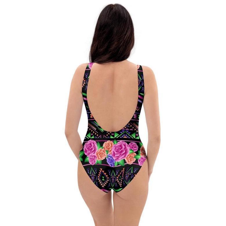 Multicolor Roses Ethnic Tribal Aztec One Piece Swimsuite