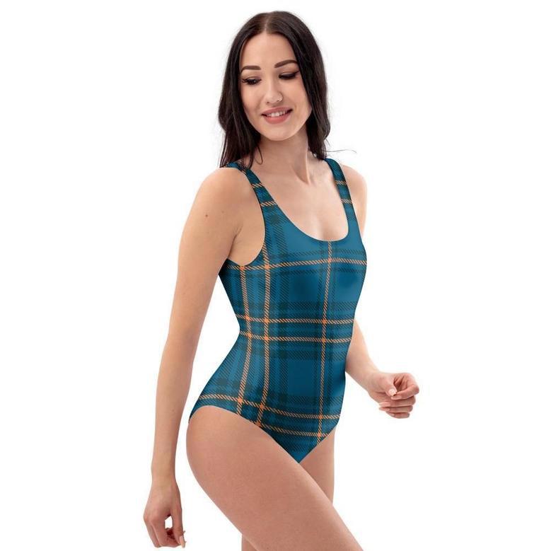 Navy Blue Plaid Tartan One Piece Swimsuite