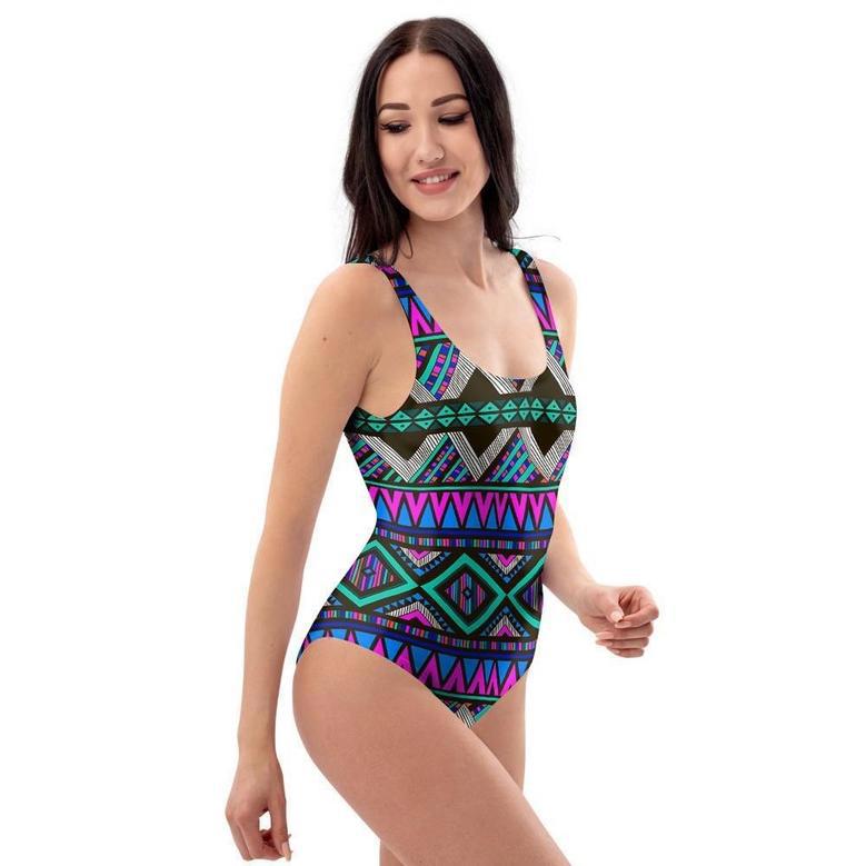 Neon Color Indian Aztec Trippy One Piece Swimsuite