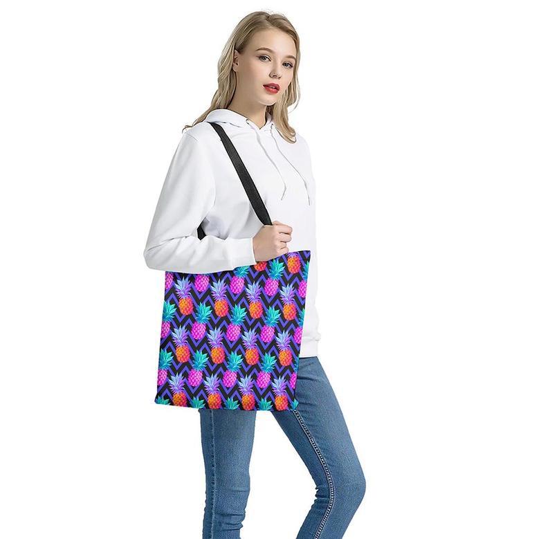 Neon Edm Zig Zag Pineapple Pattern Print Tote Bag