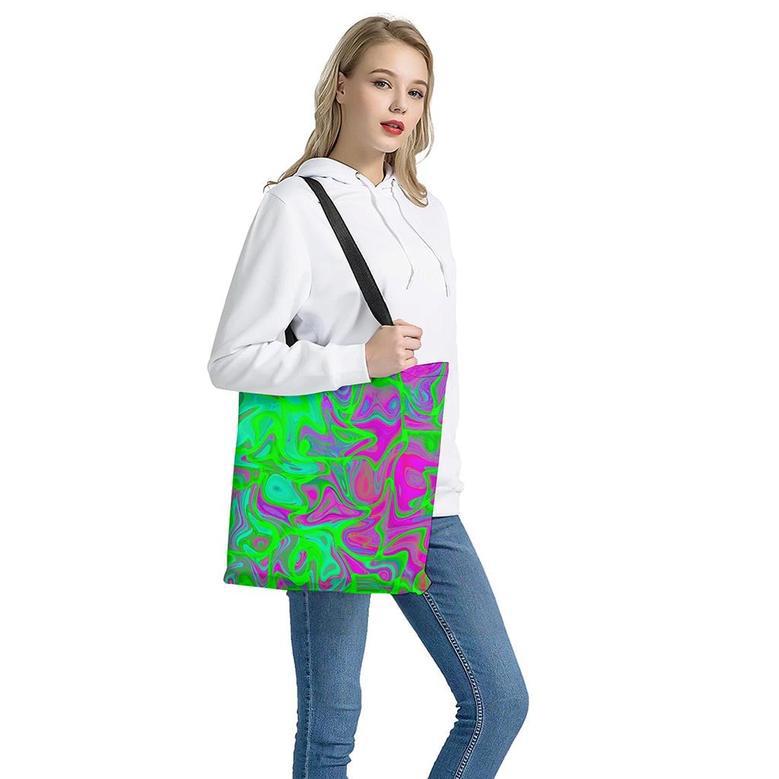 Neon Green Pink Psychedelic Trippy Print Tote Bag