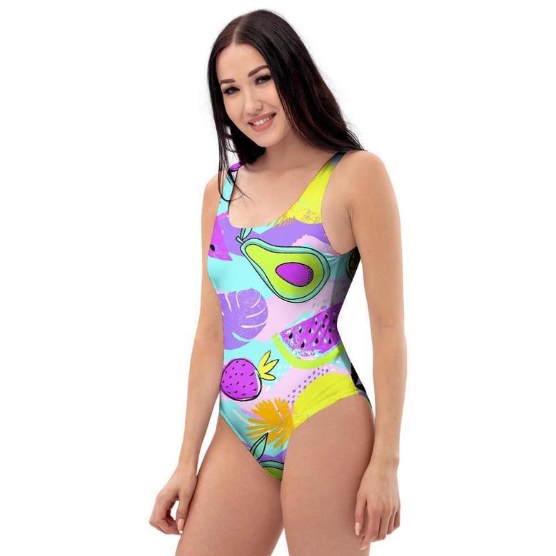 Neon Mix Fruit Pineapple Hawaiian Print One Piece Swimsuite