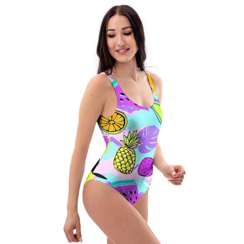 Neon Mix Fruit Pineapple Hawaiian Print One Piece Swimsuite