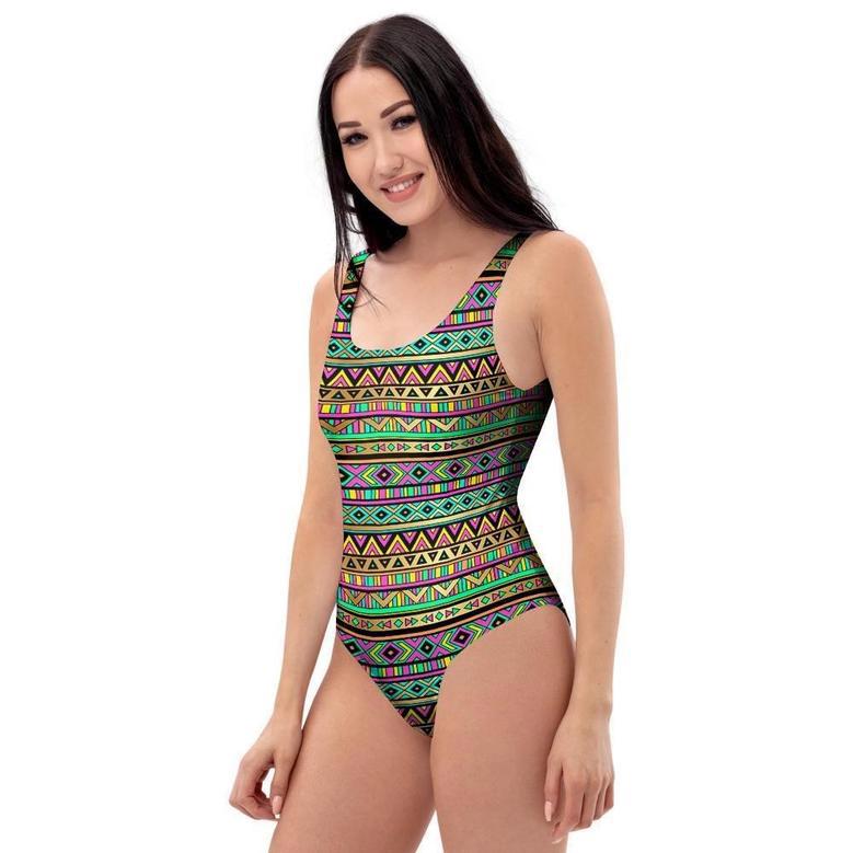 Neon Multicolor Ethic Aztec Aztec Grunge Geometric Print One Piece Swimsuite