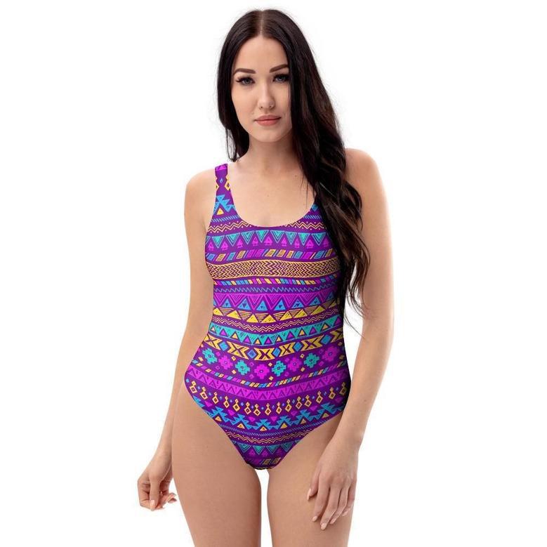 Neon Multicolor Ethic Aztec Doodle Print One Piece Swimsuite