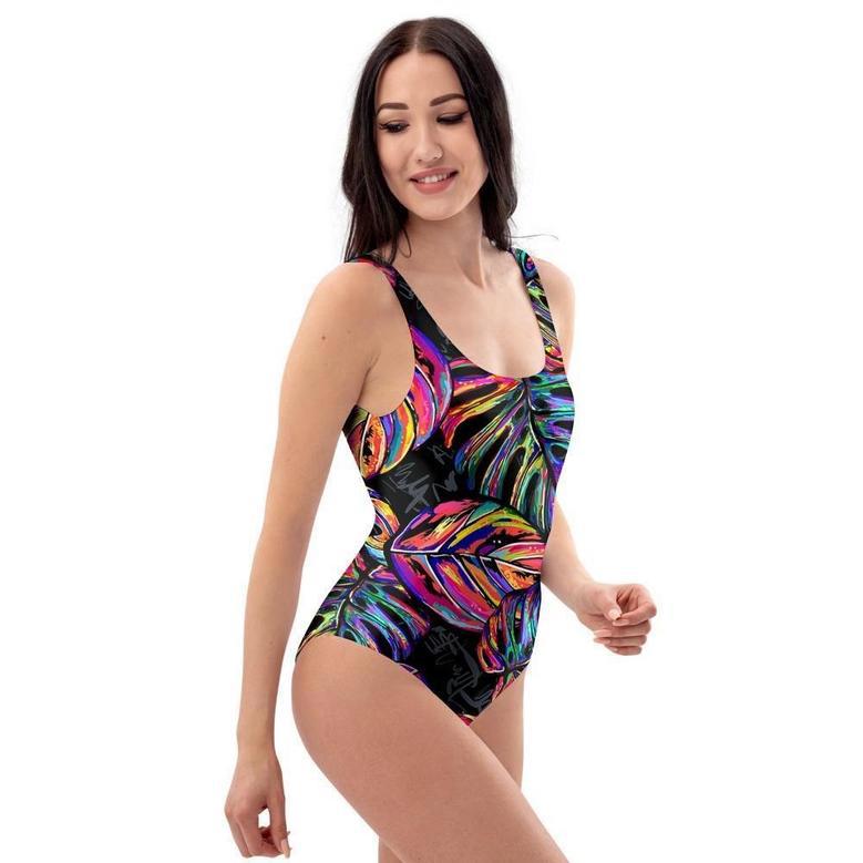 Neon Multicolor Palm Leaf Print One Piece Swimsuite