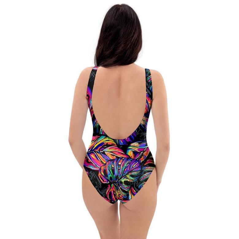 Neon Multicolor Palm Leaf Print One Piece Swimsuite