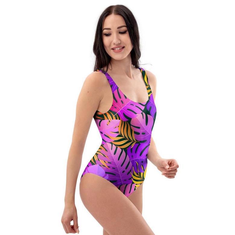 Neon Palm Leaf Edm Print One Piece Swimsuite