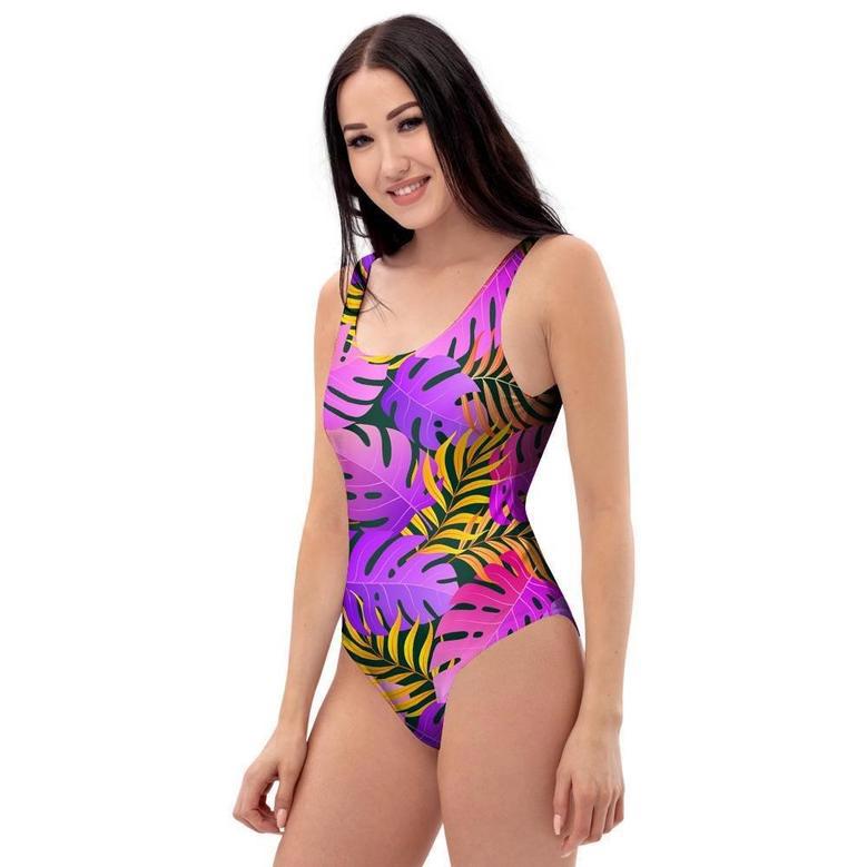 Neon Palm Leaf Edm Print One Piece Swimsuite