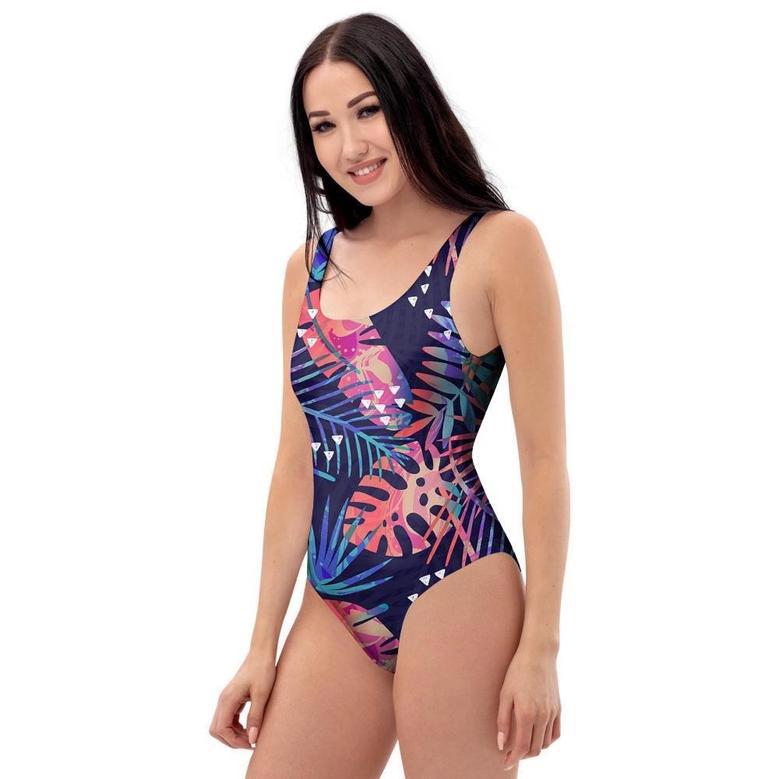 Neon Palm Leaf Hawaiian Print One Piece Swimsuite