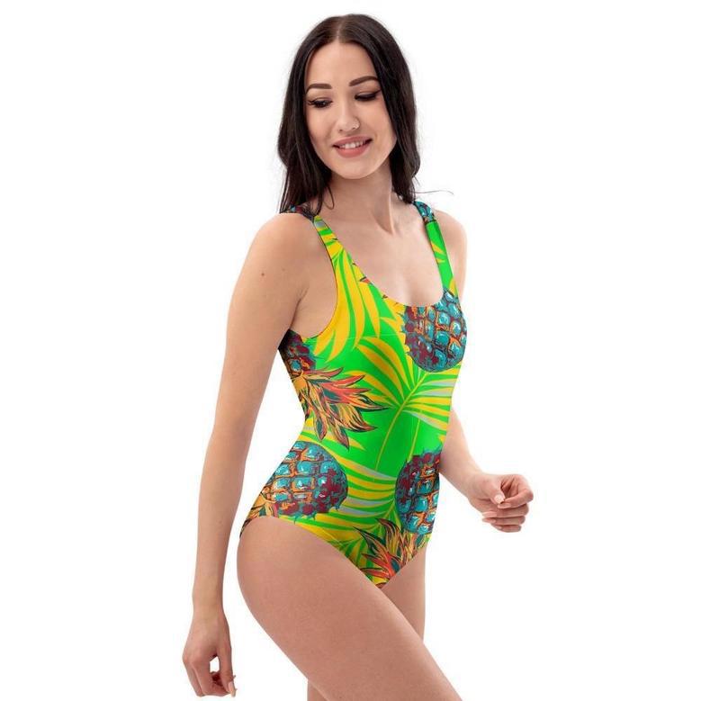 Neon Pineapple Hawaiian Print One Piece Swimsuite