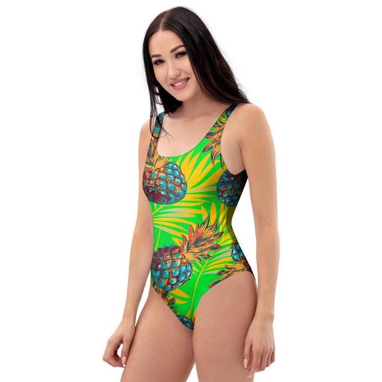 Neon Pineapple Hawaiian Print One Piece Swimsuite