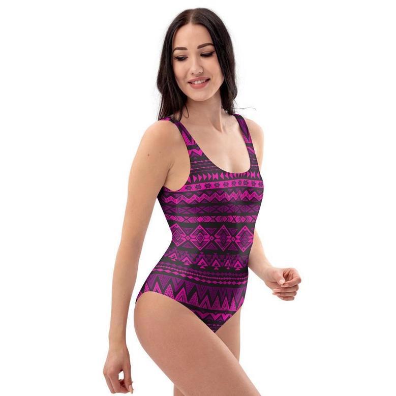 Neon Pink Ethic Aztec Print One Piece Swimsuite