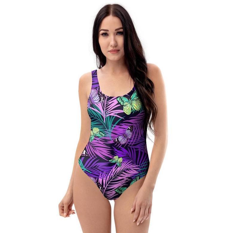 Neon Purple Tropical Palm Tree Butterfly Print One Piece Swimsuite