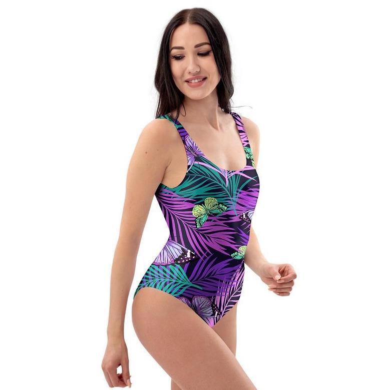 Neon Purple Tropical Palm Tree Butterfly Print One Piece Swimsuite