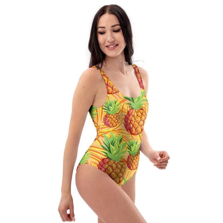 Neon Yellow Pineapple Hawaiian Print One Piece Swimsuite