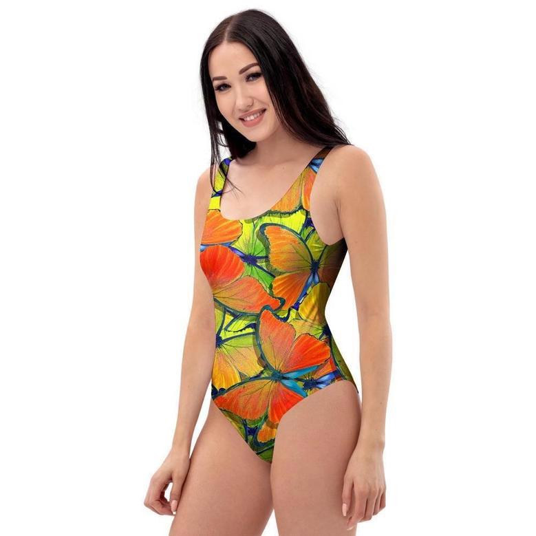 Orange And Blue Butterfly Print One Piece Swimsuite