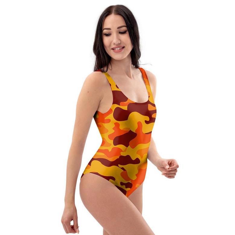 Orange Camo Print One Piece Swimsuite