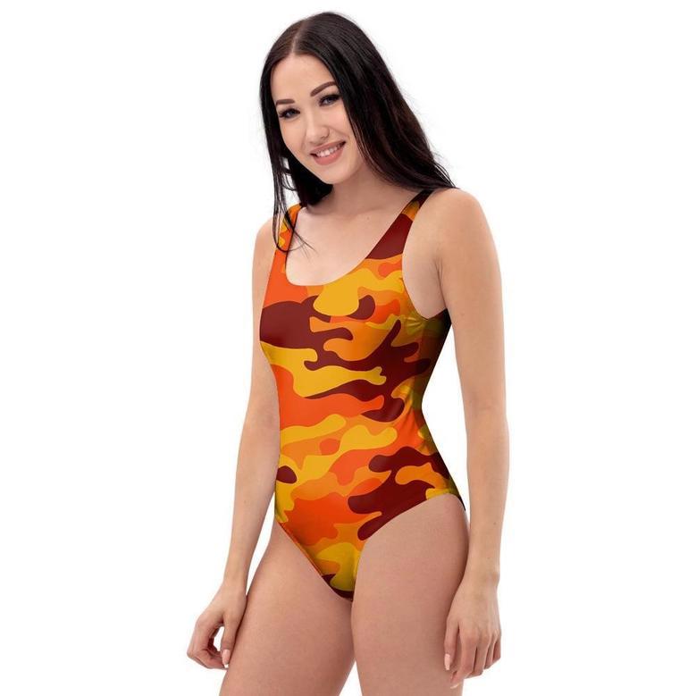 Orange Camo Print One Piece Swimsuite