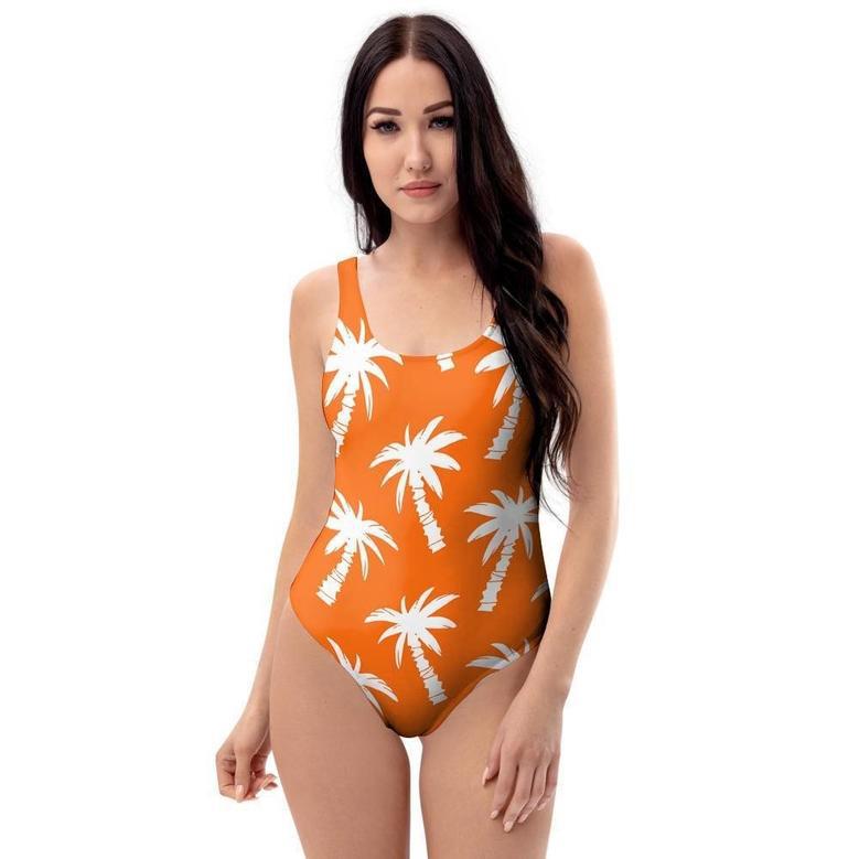 Orange Hawaiian Palm Tree Print One Piece Swimsuite